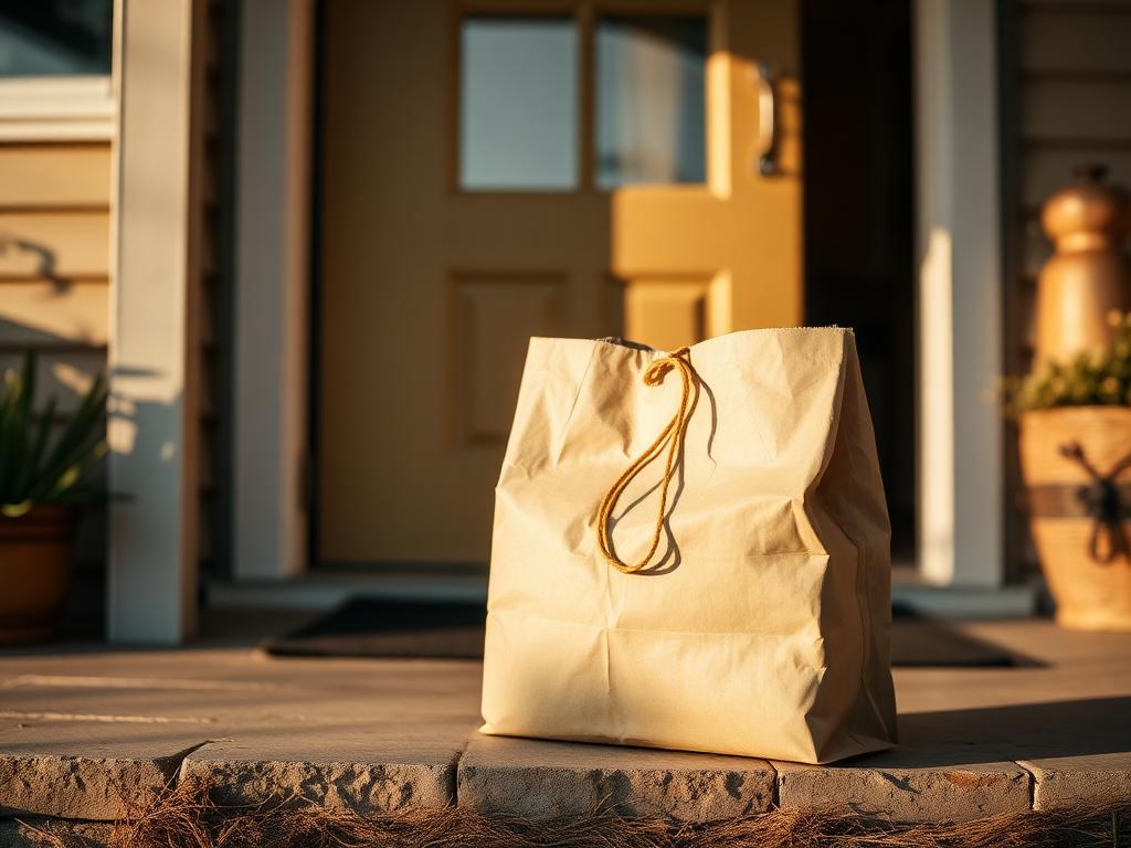 A discreet plain paper pharmacy delivery bag left at the front door of a home