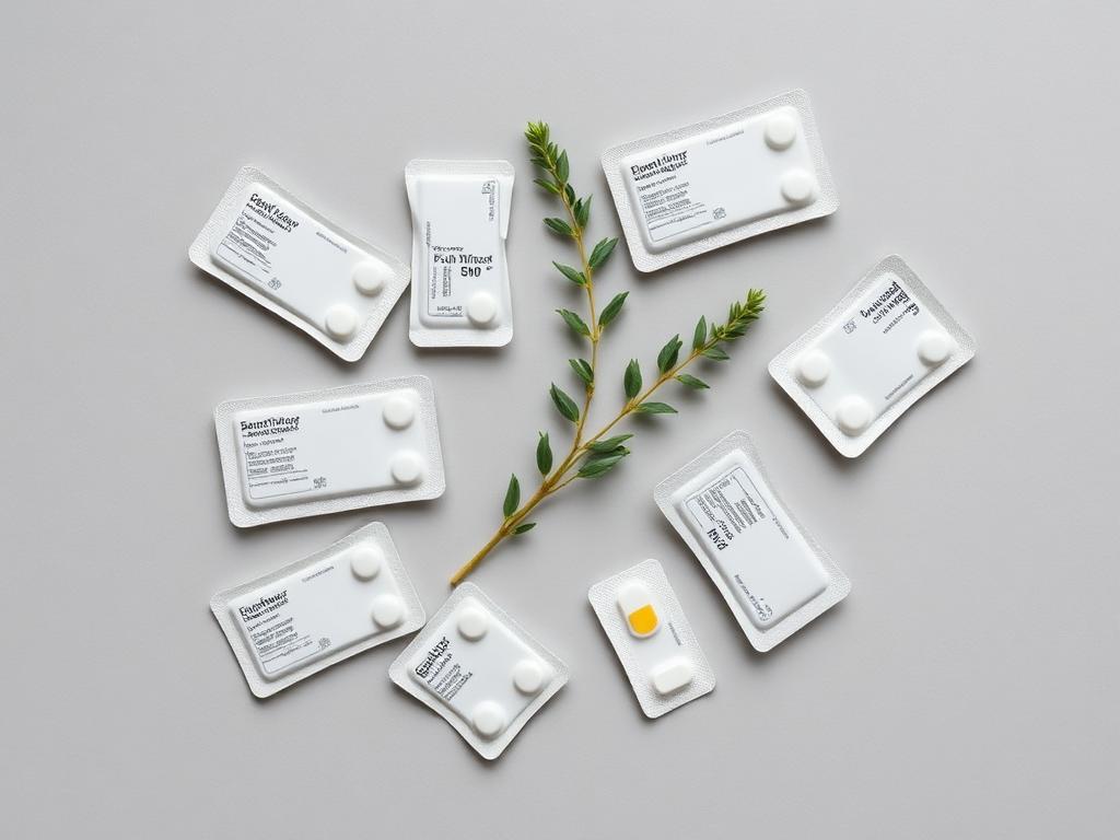 Several sealed blister medication packs laid out neatly before packing