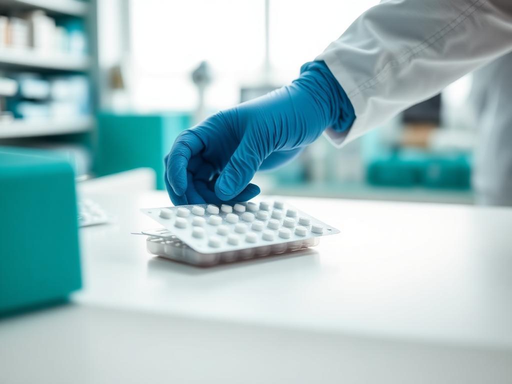 A pharmacist sealing a weekly blister medication pack on a clean dispensary bench